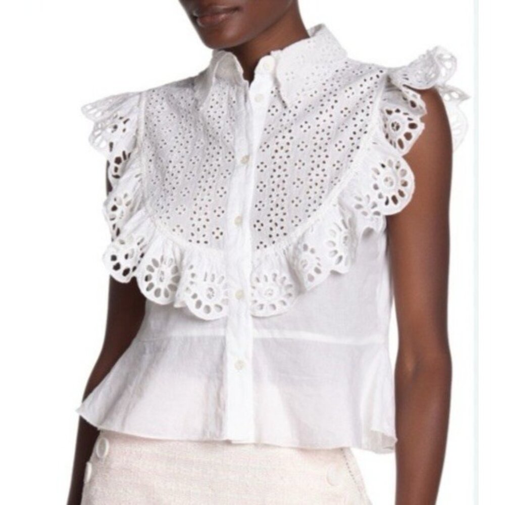 Walter Baker Eyelit flutter sleeve white Bib Collar Ruffle Shirt Small Coquette